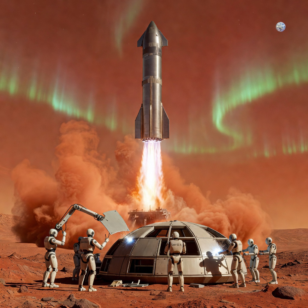 Starship rocket launching from Starbase Texas toward a vivid orange Martian sky