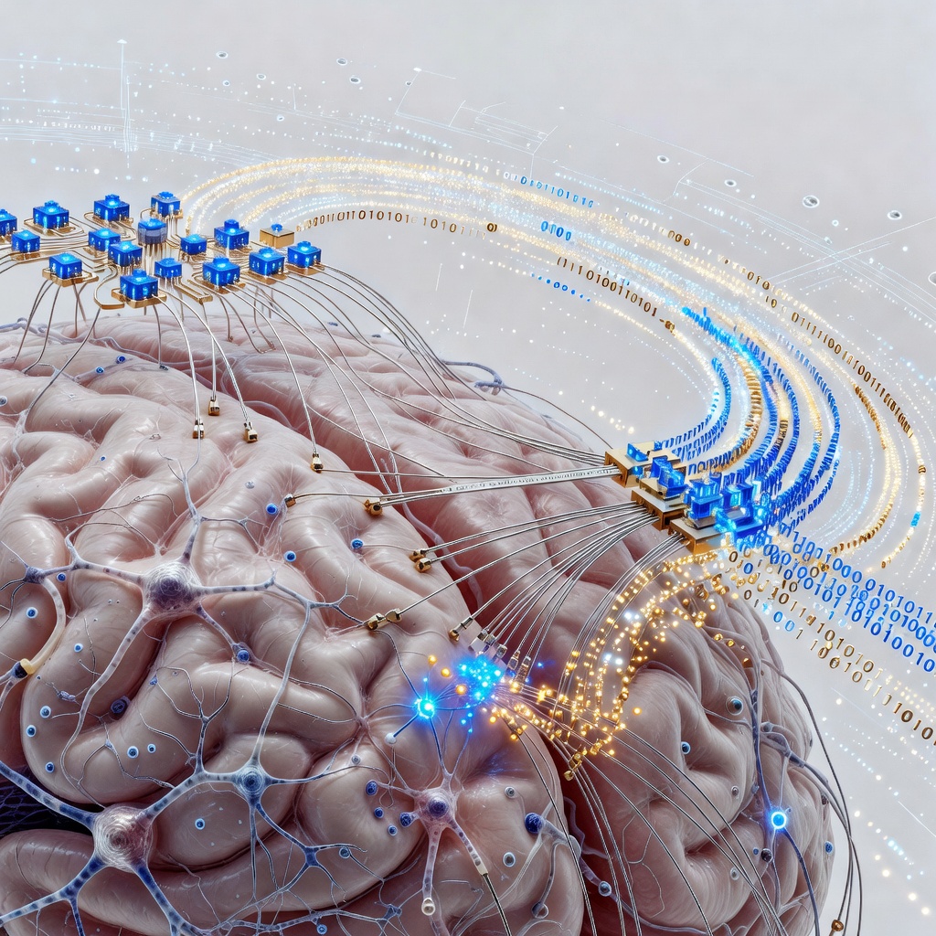 Neuralink brain-computer interface concept showing neural threads connecting human brain to digital interface