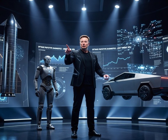Elon Musk as a visionary architect standing at the center of a vast holographic control room, surrounded by floating 3D models of Starship rockets, humanoid robots, neural interface diagrams, electric vehicles, and glowing AI neural networks, dramatic cinematic lighting with deep blues and electric whites, photorealistic, ultra-detailed, sense of vast ambition and human potential