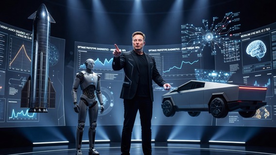 Elon Musk as a visionary architect standing at the center of a vast holographic control room, surrounded by floating 3D models of Starship rockets, humanoid robots, neural interface diagrams, electric vehicles, and glowing AI neural networks, dramatic cinematic lighting with deep blues and electric whites, photorealistic, ultra-detailed, sense of vast ambition and human potential
