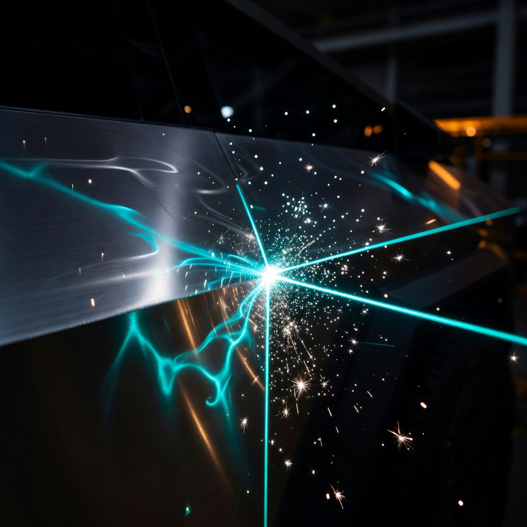 Close-up of a Tesla Cybertruck exoskeleton panel being laser-cut inside a Gigafactory