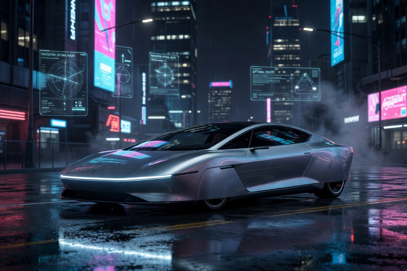 A sleek silver Cybercab autonomous vehicle gliding through a neon-lit futuristic city street at night