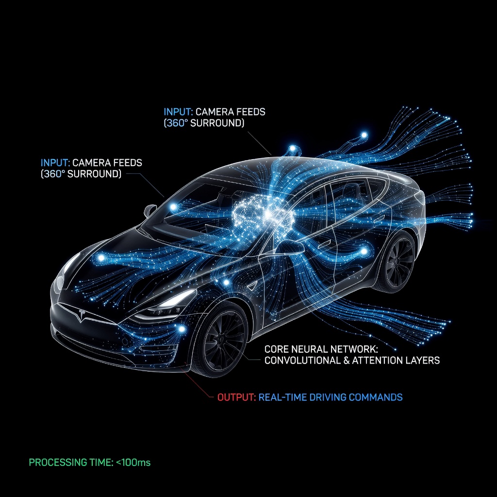 Tesla FSD neural network visualization with data streams flowing through a transparent car model