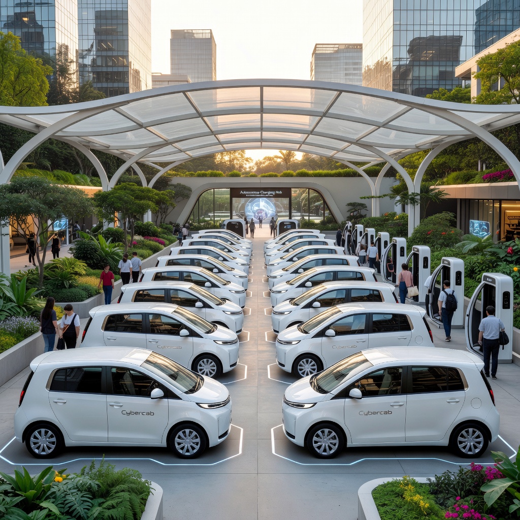 Fleet of white Cybercab robotaxis lined up at a futuristic charging station in a clean smart city environment
