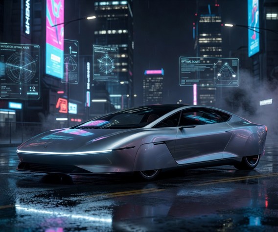 A futuristic sleek silver wedge-shaped autonomous Cybercab vehicle with no steering wheel gliding silently through a rain-slicked neon-lit urban street at night, surrounded by holographic navigation overlays, cinematic lighting, hyper-realistic photography style, dramatic low angle shot emphasizing the vehicle's streamlined profile against a glowing cityscape