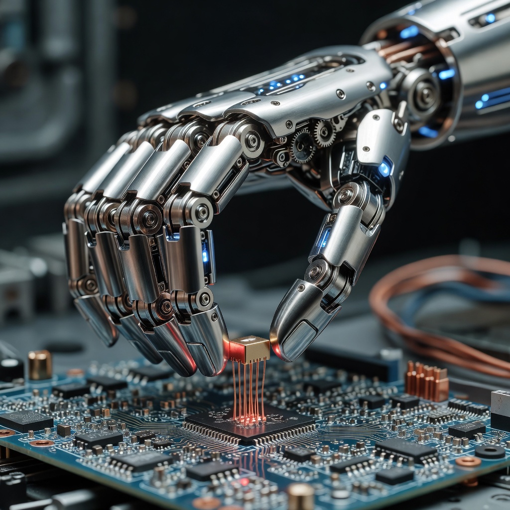 Close-up of Tesla Optimus robot hands performing delicate assembly tasks with precise articulation