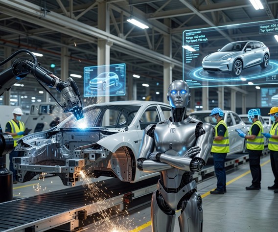 A sleek silver humanoid robot with glowing blue sensor eyes stands confidently on a brightly lit modern factory floor surrounded by advanced electric vehicle manufacturing equipment, robotic arms, conveyor belts, and holographic data displays, photorealistic, cinematic lighting, high-tech atmosphere, sense of industrial scale and human-robot collaboration