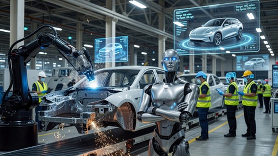 A sleek silver humanoid robot with glowing blue sensor eyes stands confidently on a brightly lit modern factory floor surrounded by advanced electric vehicle manufacturing equipment, robotic arms, conveyor belts, and holographic data displays, photorealistic, cinematic lighting, high-tech atmosphere, sense of industrial scale and human-robot collaboration