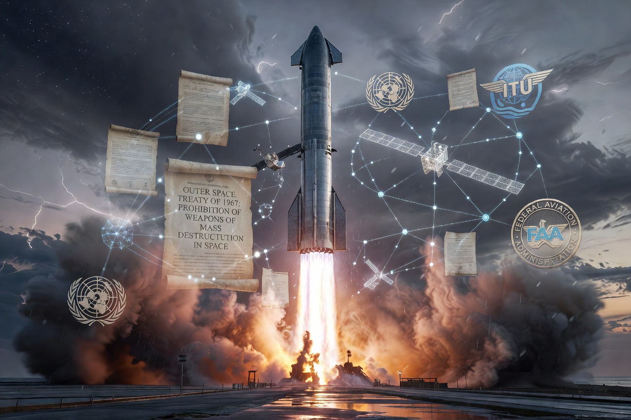 Starship launching above regulatory frameworks and global governance symbols