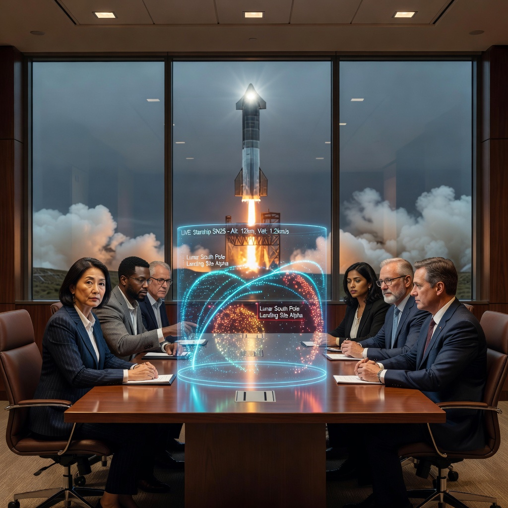 FAA regulatory office with Starship launch visible through window symbolizing oversight tension