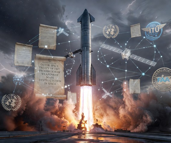 Dramatic wide-angle photorealistic digital art of a massive Starship rocket launching into a stormy twilight sky, with transparent overlays of legal documents, satellite constellations, international treaty texts, and regulatory agency seals surrounding the rocket like a web of governance, representing the tension between technological ambition and institutional control, cinematic lighting, ultra-detailed, futuristic