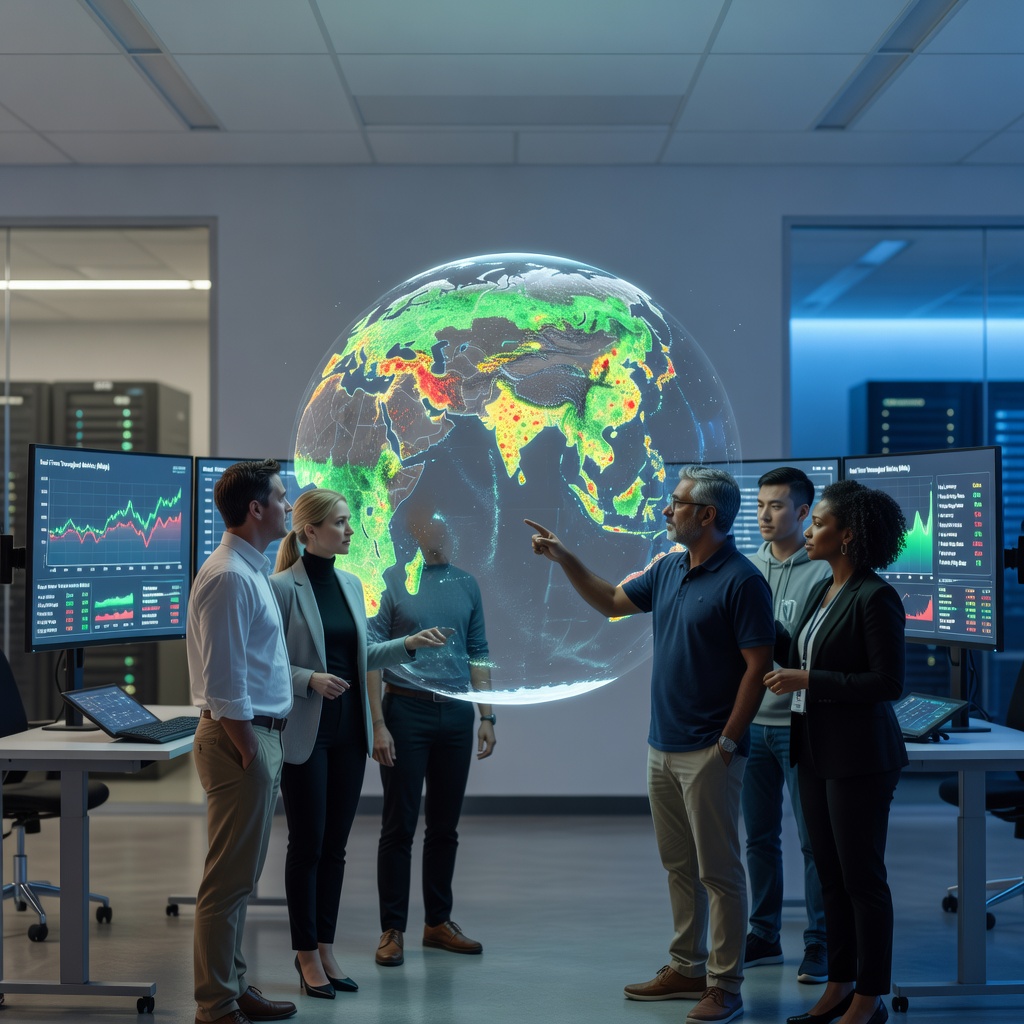 Scientists and engineers analyzing satellite broadband throughput data on large interactive displays