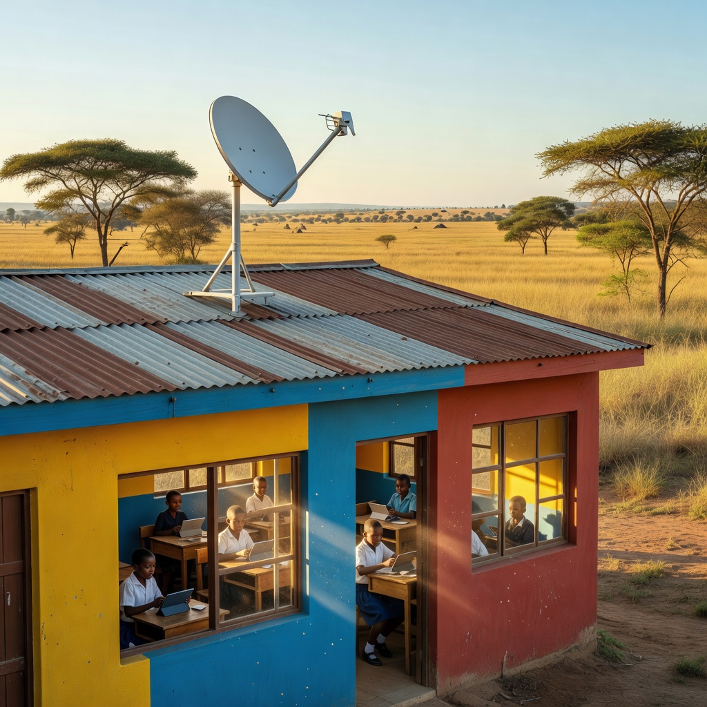 Satellite internet terminal dish installed on a remote rural school building with children studying inside
