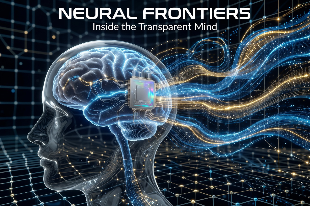 Futuristic brain-computer interface neural implant glowing with light streams connecting human mind to digital world