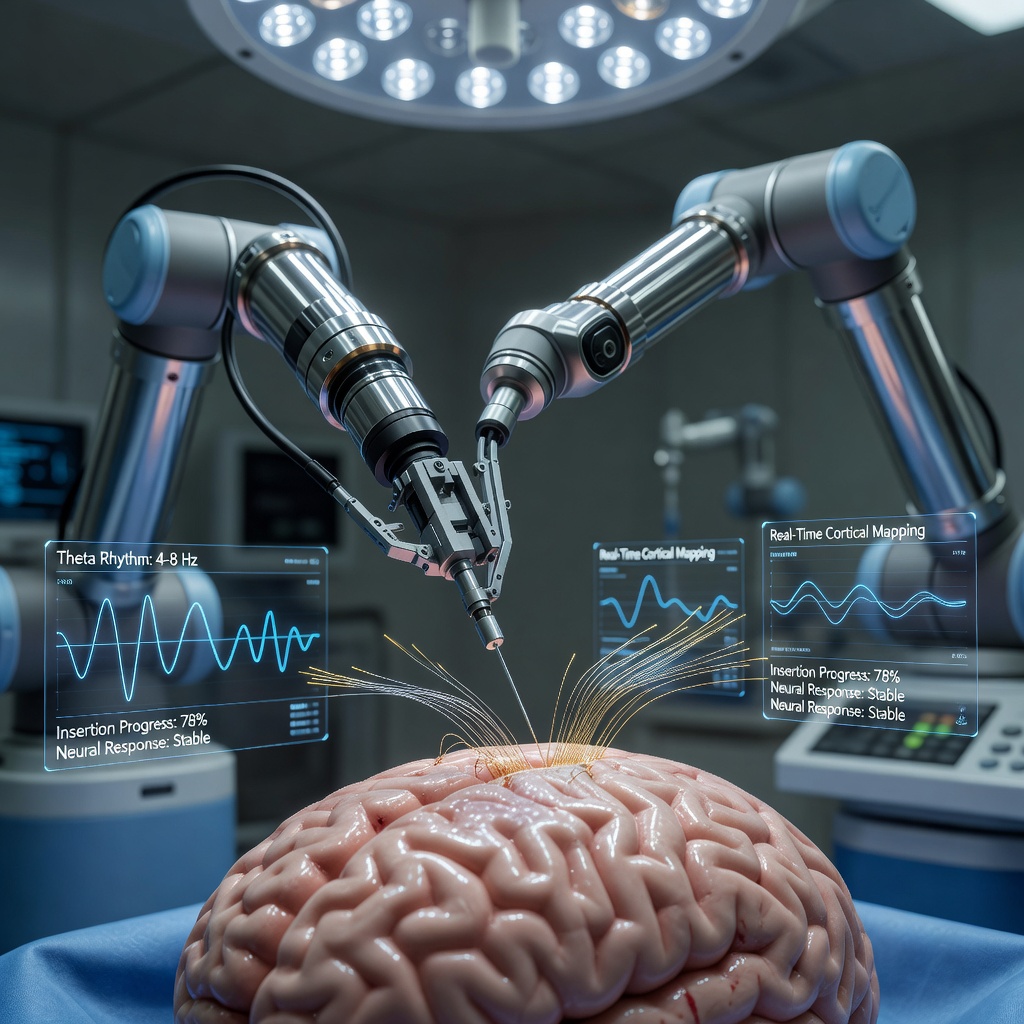 Tiny neural electrode threads thinner than human hair being inserted by a robotic surgical arm into brain tissue