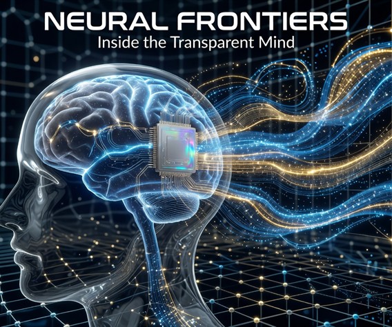 Hyperrealistic futuristic visualization of a transparent human head profile with glowing neural pathways and a sleek silver microchip implant embedded near the cortex, streams of luminous blue and gold data flowing outward from the brain into a digital network grid, cinematic lighting, ultra high detail, photorealistic render, science magazine cover quality