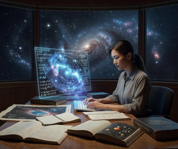 A photorealistic wide-angle scene of a young woman sitting at a desk late at night, surrounded by star charts and open physics textbooks, her face softly illuminated by a holographic AI interface projecting swirling nebula data and mathematical equations into the air before her, deep space visible through the window behind her, cinematic lighting, ultra-detailed, sense of wonder and discovery, futuristic yet intimate