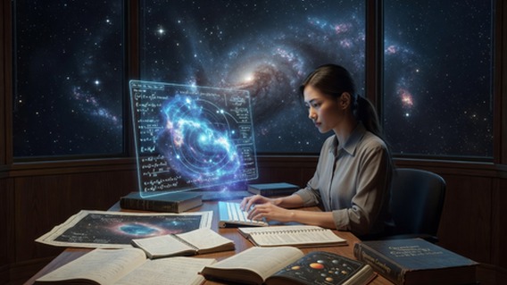 A photorealistic wide-angle scene of a young woman sitting at a desk late at night, surrounded by star charts and open physics textbooks, her face softly illuminated by a holographic AI interface projecting swirling nebula data and mathematical equations into the air before her, deep space visible through the window behind her, cinematic lighting, ultra-detailed, sense of wonder and discovery, futuristic yet intimate