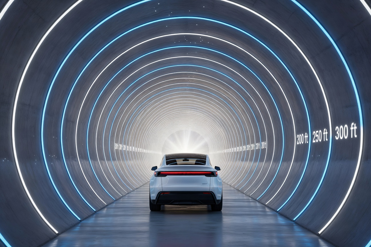 Futuristic underground tunnel with Tesla vehicles moving through illuminated blue-lit passageways beneath a modern city