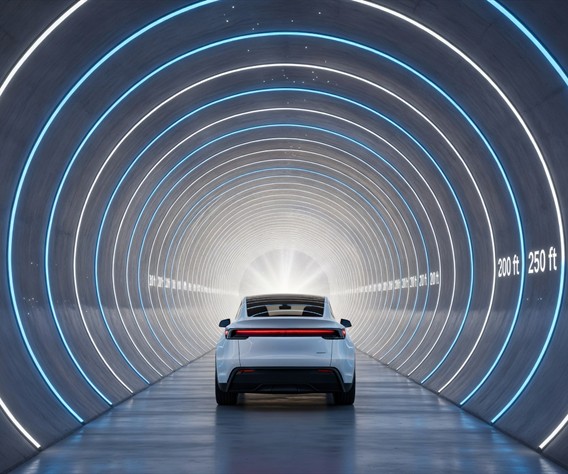 Photorealistic futuristic underground tunnel system with brilliant blue and white LED strip lighting lining the curved walls, a sleek white Tesla Model Y driving through a smooth concrete bore tunnel 12 feet in diameter, depth markers visible on tunnel walls, shot from behind the vehicle showing the tunnel receding into bright light at the far end, hyperdetailed, cinematic lighting, 8k resolution