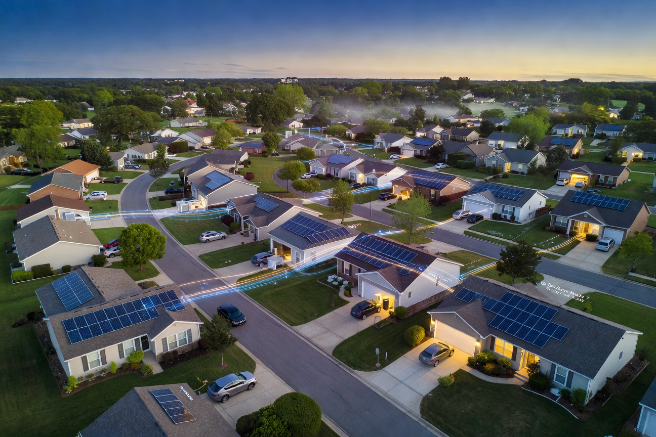 A suburban neighborhood transformed into a virtual power plant with glowing solar panels and battery systems at dusk