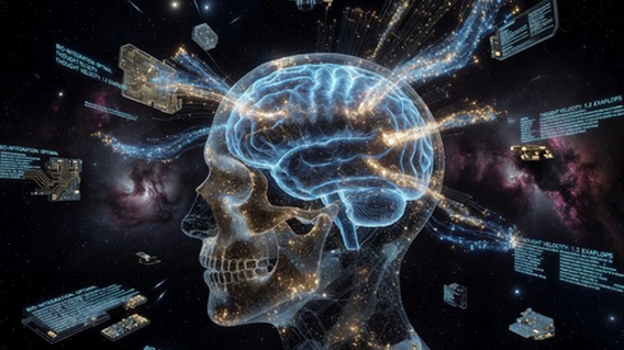 A dramatic wide-angle visualization of a translucent human head in profile, with intricate glowing neural network patterns inside the skull rendered in electric blue and gold, streams of light flowing outward from the brain and connecting to floating holographic digital interfaces and circuit board structures, set against a deep space-inspired dark background, ultra-realistic futuristic aesthetic, cinematic lighting, 8K detail