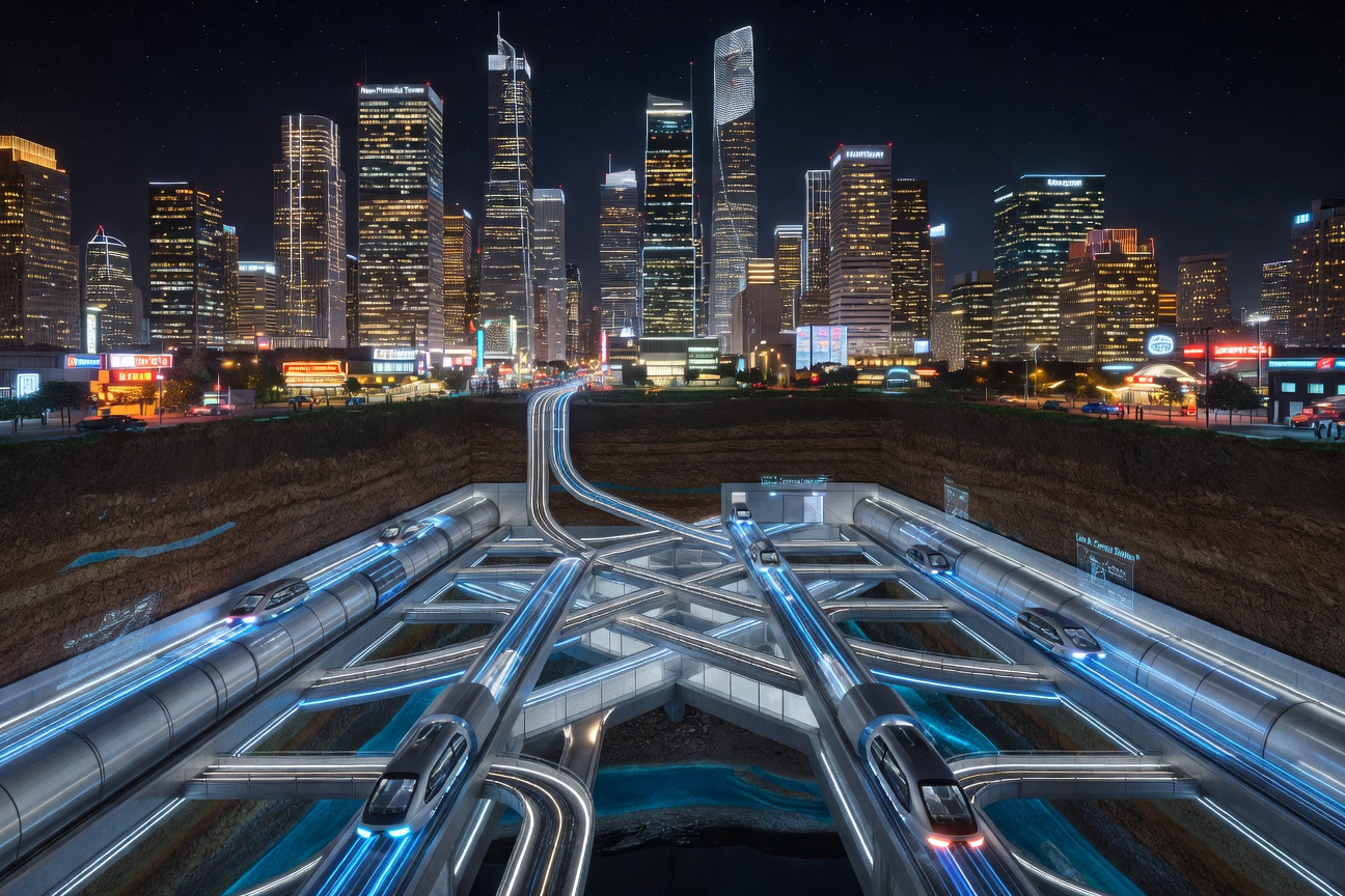 Futuristic underground tunnel network beneath a glowing city skyline