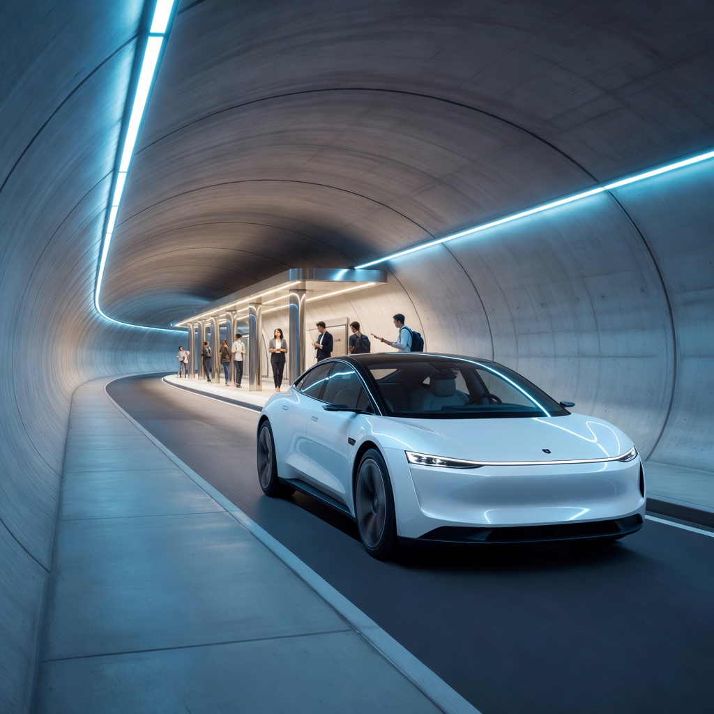 Electric vehicles moving through a brightly lit underground transit tunnel in Las Vegas
