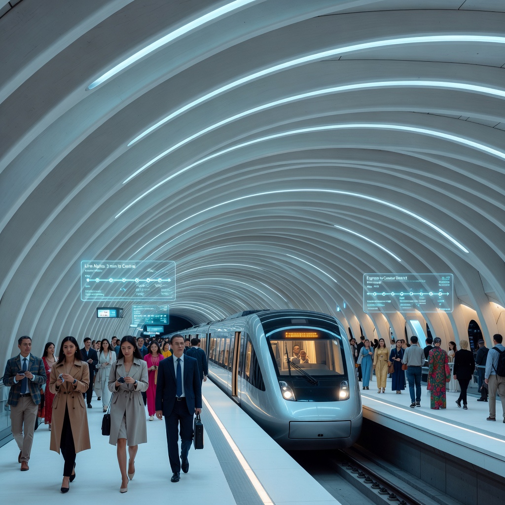 High-speed futuristic metro train emerging from a tunnel beneath a sprawling Asian megacity