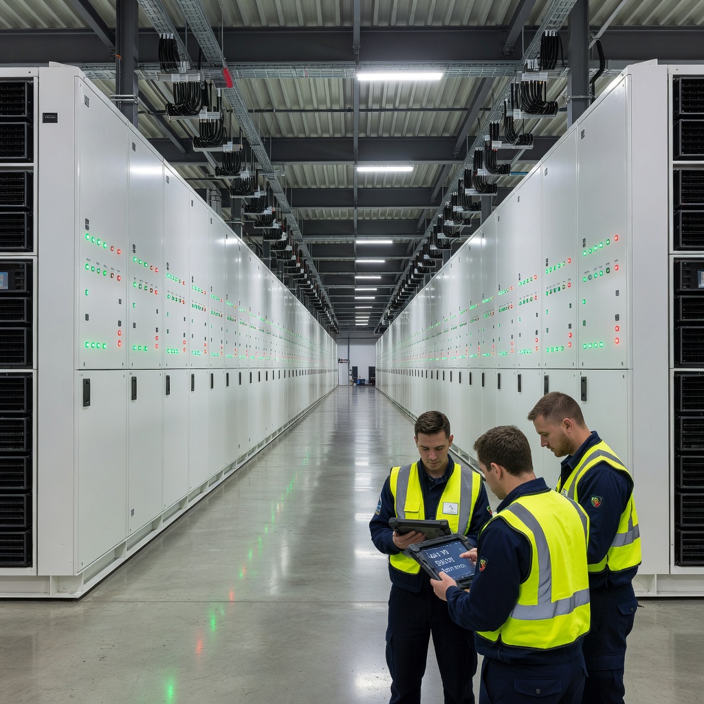 Interior view of a Tesla Megapack facility showing rows of modular battery units under bright industrial lighting