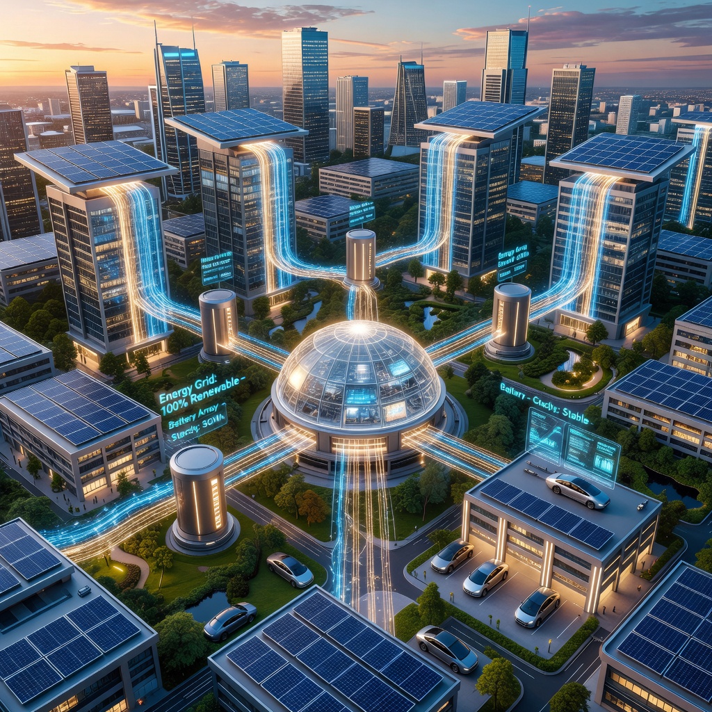 Futuristic aerial rendering of a solar-powered smart city with visible energy flow lines connecting homes, batteries, and the grid