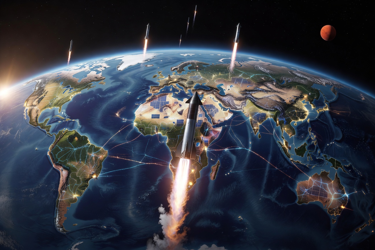 Futuristic Earth with Mars colony, autonomous vehicles, and neural interfaces representing Elon Musk's vision