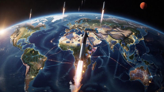 An epic wide-angle cinematic digital painting of a near-future Earth viewed from low orbit, with visible solar panel arrays across continents, electric light grids replacing fossil fuel infrastructure, a glowing trail of Starship rockets ascending from multiple launch pads, and a faint red dot of Mars visible in the upper corner of the frame, conveying the interconnected ambition of multiple civilization-scale technology transformations, hyper-detailed, photorealistic, dramatic lighting, 8k reso