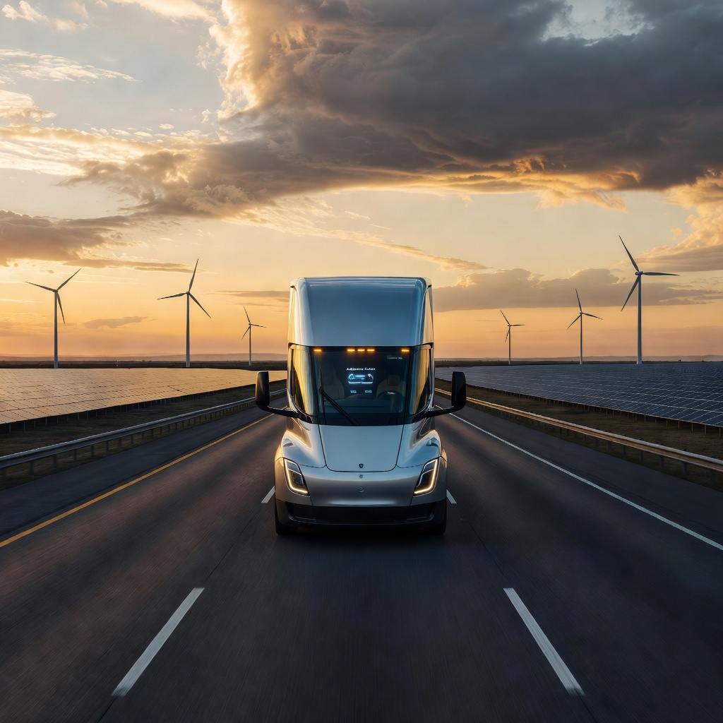 A Tesla Semi truck driving autonomously on a vast open highway at sunset with solar panels visible on nearby hills