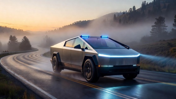 A sleek, angular Tesla Cybertruck driving autonomously through a misty mountain highway at dawn, glowing blue sensor arrays visible on the vehicle's roofline, beams of light scanning the road ahead, photorealistic cinematic lighting, fog drifting across pine-covered hillsides, futuristic atmosphere conveying both power and intelligence, ultra-high detail 8K render