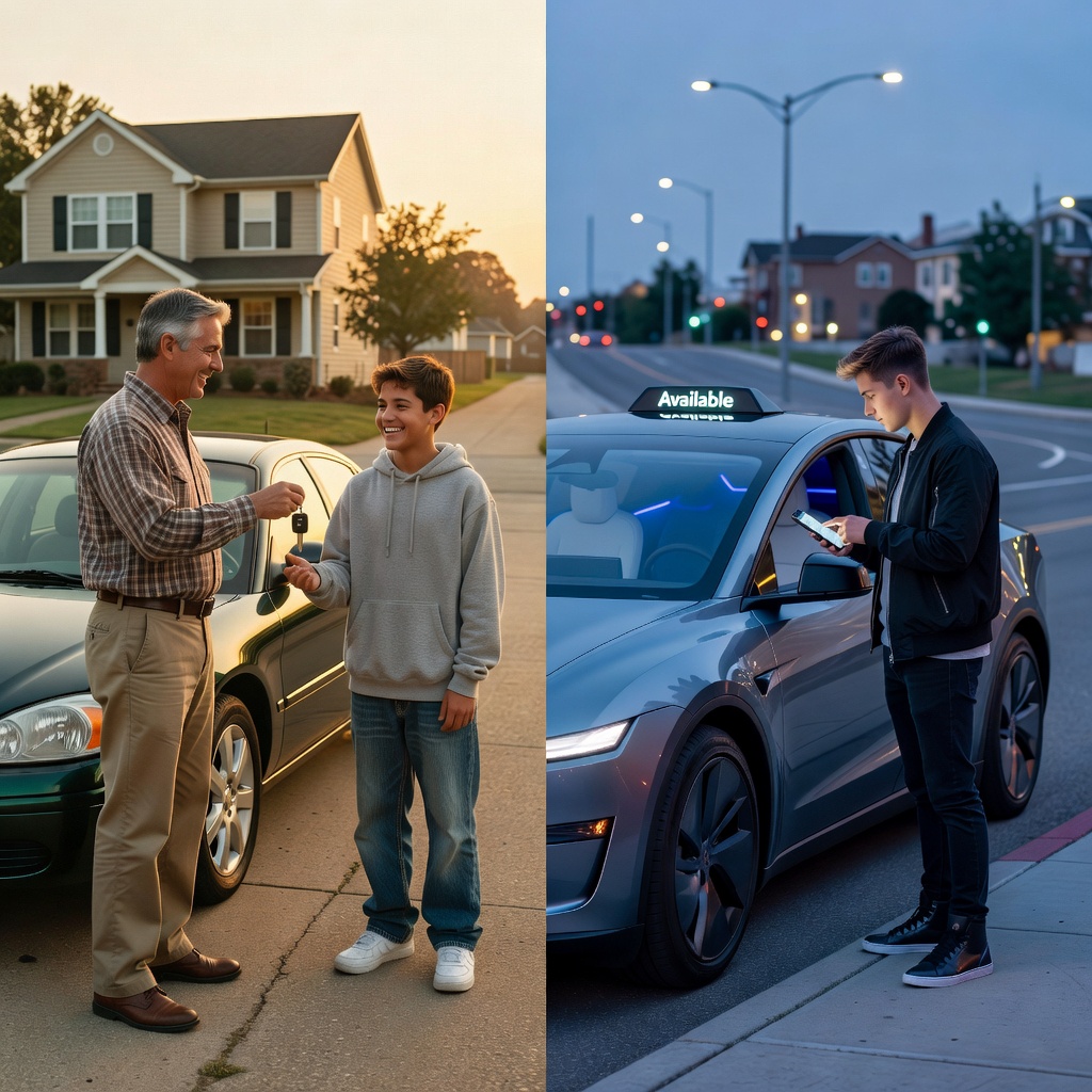 Split image showing a classic teenager receiving car keys from a parent contrasted with a teenager entering an autonomous Cybercab via smartphone app