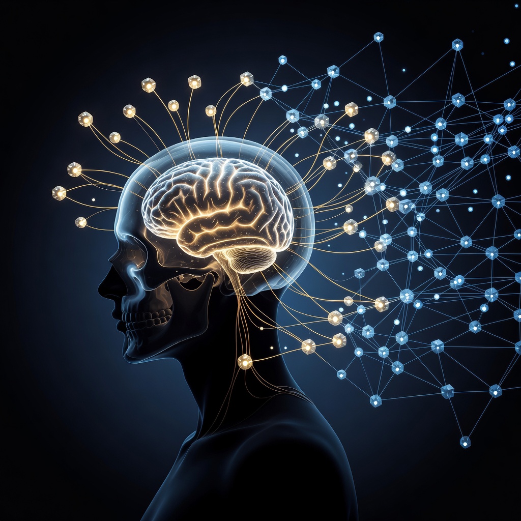 Human silhouette with glowing neural pathways connecting to a digital network representing augmented cognition