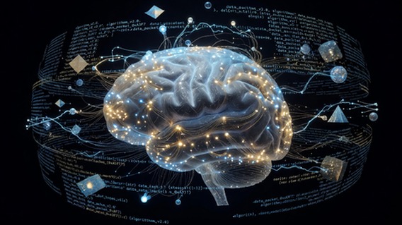 Hyper-detailed digital art of a translucent human brain suspended in a dark void, with thousands of glowing neural mesh electrodes woven through its cortical folds like a luminous web, each node pulsing with soft blue and gold data streams that arc outward into a surrounding lattice of flowing code and holographic data visualizations, cinematic lighting, ultra-high resolution, photorealistic with painterly depth, conveying the profound intersection of organic life and digital intelligence
