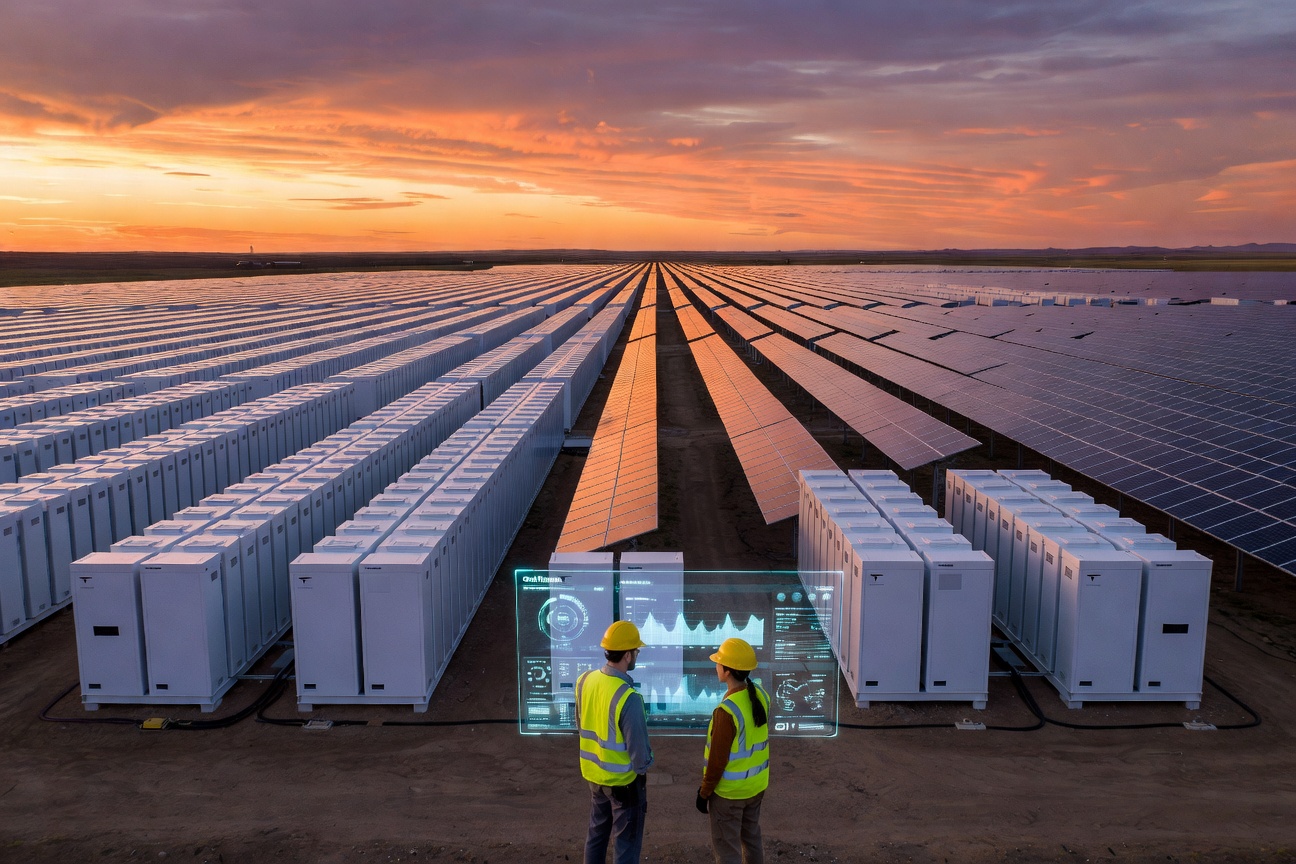 Engineers monitoring a Tesla Megapack grid storage facility at dusk, surrounded by glowing battery units and solar arrays
