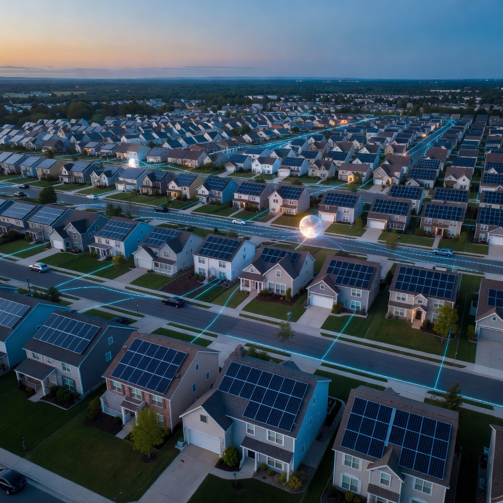 Aerial view of a suburban neighborhood with rooftop solar panels connected by glowing digital lines representing a virtual power plant network