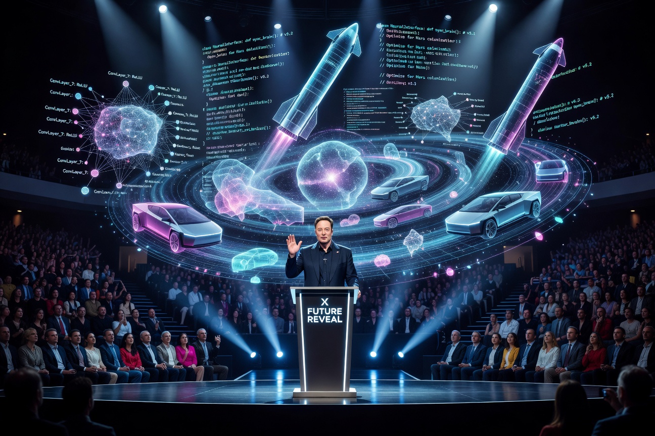 Elon Musk presenting a unified technological vision across multiple industries