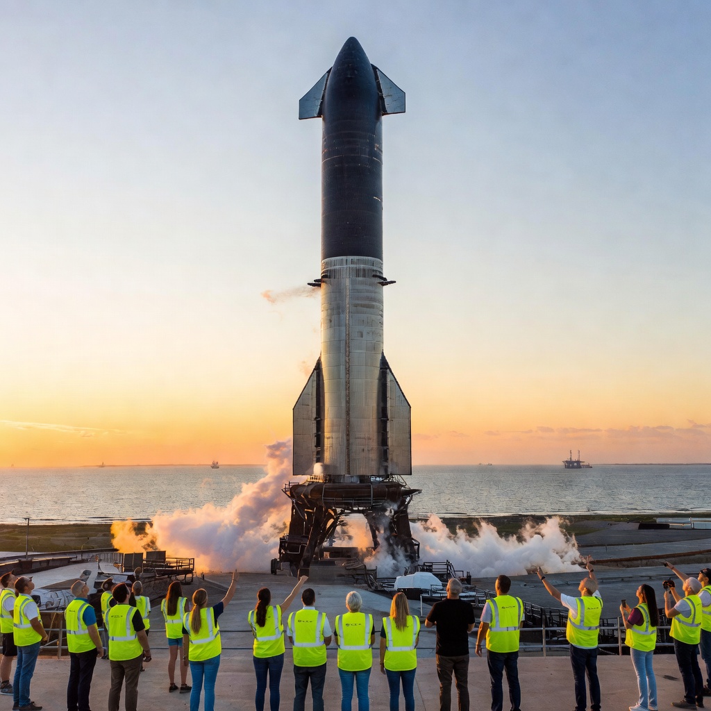 Starship rocket on the launch pad at Starbase Texas during a breathtaking sunset