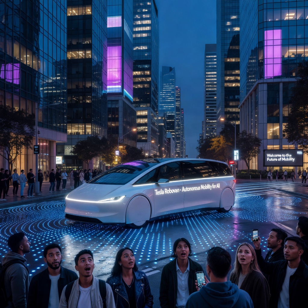 Futuristic Tesla Robovan driving autonomously through a smart city at night with glowing infrastructure