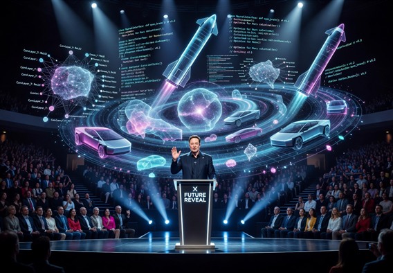 A cinematic, high-drama wide-angle photograph of Elon Musk standing at a podium bathed in dramatic blue and white light, with holographic projections of rockets, neural networks, autonomous vehicles, and AI code swirling behind him in a vast futuristic auditorium, conveying the sense of a historic announcement, photorealistic, epic scale, deep shadows and sharp highlights