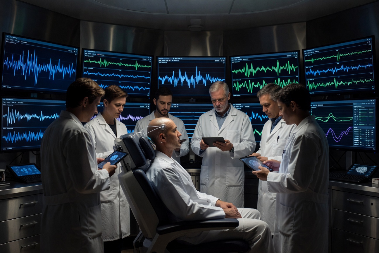 A researcher monitors real-time neural signal readouts on a curved display array inside a brain-computer interface laboratory