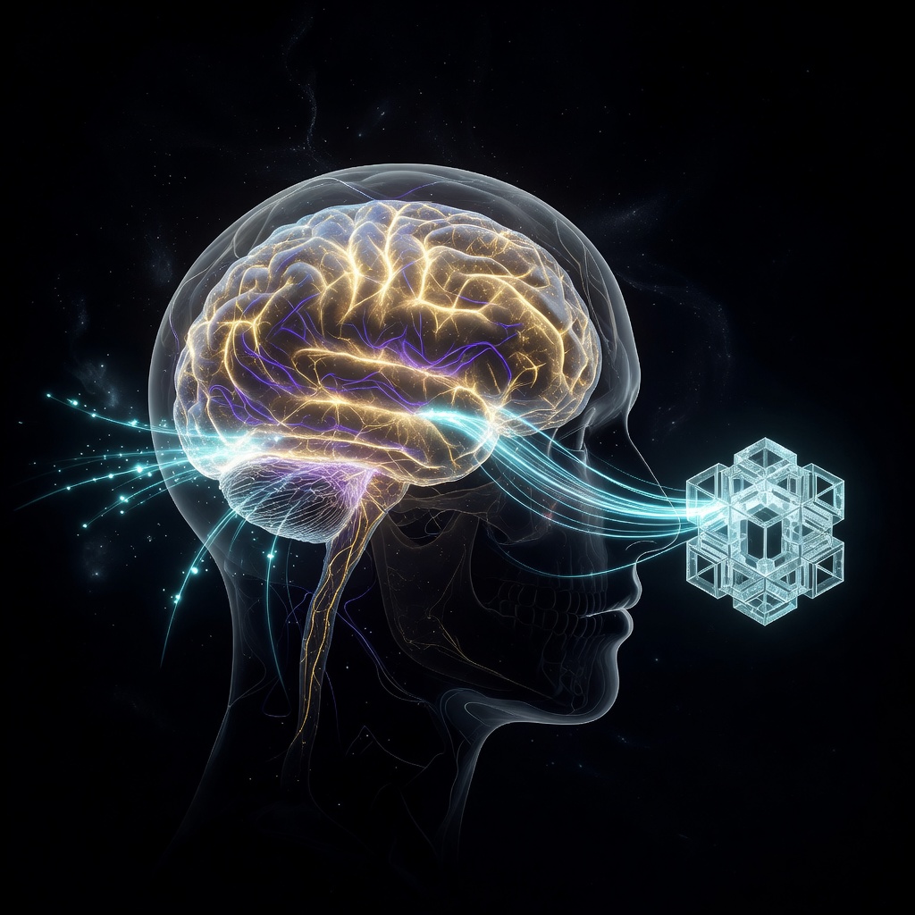 Futuristic visualization of a human brain with glowing neural pathways connecting wirelessly to a digital interface and AI processing nodes