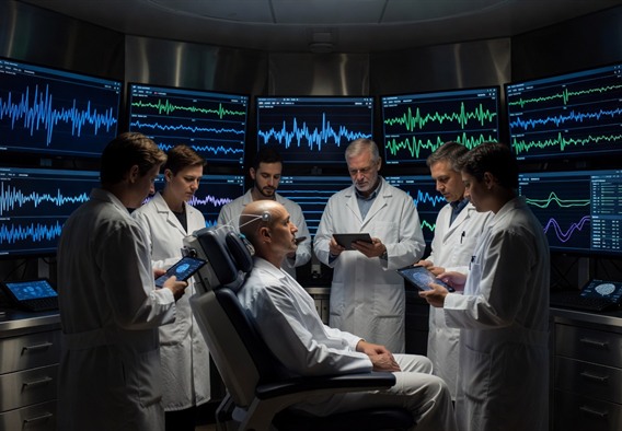 Hyperrealistic wide-angle photograph of a cutting-edge brain-computer interface research laboratory interior at night, banks of curved monitors displaying real-time neural spike trains and brainwave oscilloscope patterns in electric blue and green, a single patient seated in an ergonomic medical chair with a small circular implant port visible at the temple, surrounded by attentive researchers in white lab coats, dramatic overhead lighting casting precise pools of illumination on stainless steel