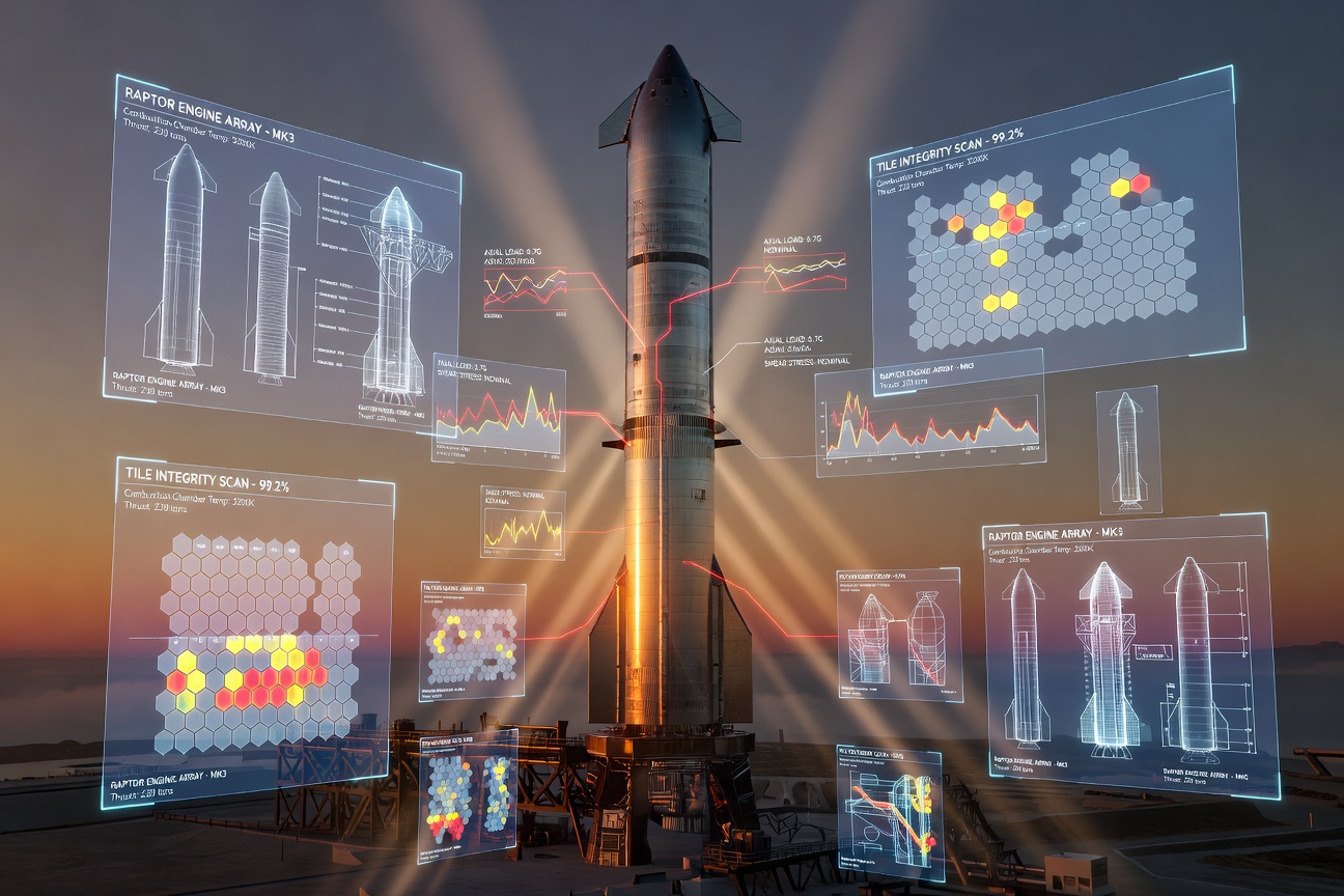 Starship rocket on launch pad with engineering schematics overlay