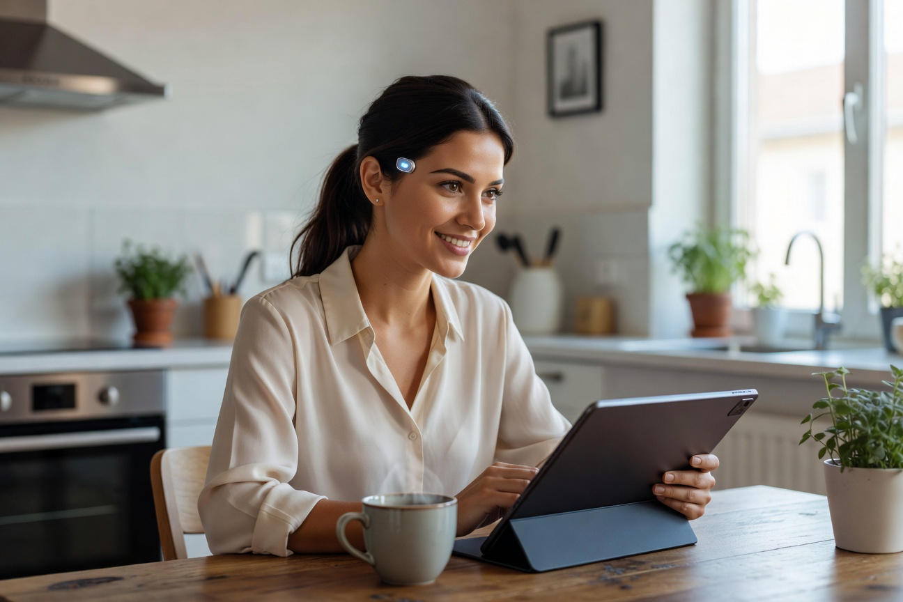 A woman with a neural implant device sits at a kitchen table, smiling while controlling a tablet with her thoughts