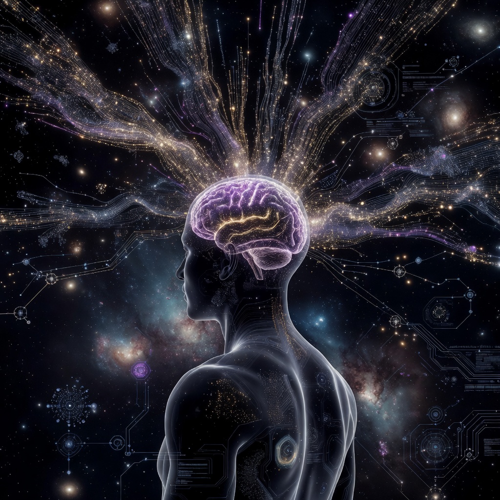 Futuristic visualization of neural signal data streams flowing between a human brain and a digital interface, representing augmented cognition